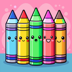 Cute colorful crayons with happy faces on pink background