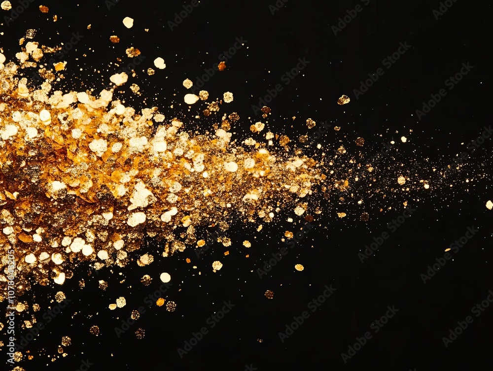 Poster golden glitter particles on a black background, creating a sparkly effect.