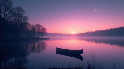 Fototapeta premium Star with silhouette landscape for peaceful themes. A tranquil pink and purple sunset reflects on a calm lake, framed by silhouettes of trees and a lone canoe by the shore.