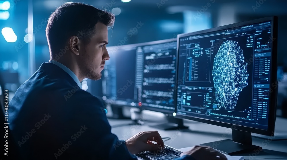 Poster focused businessman in a suit analyzing data on computer screen in modern office setting, enhancing 