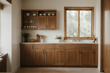 Modern kitchen interior with wooden shelves displaying dishware and greenery in natural light during the day
