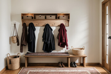 A cozy and organized entryway with a wooden bench, a coat rack