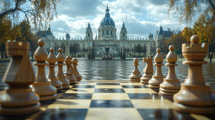 A captivating autumn afternoon chess game set against a grand architectural backdrop in a serene park.