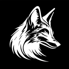 Fox head white silhouette on black background. Isolated vector wild animal icon, decal, sticker or tattoo, mascot of husky, dog, wolf or fox face profile side view. Hunting emblem, wildlife animal