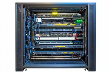 Obraz premium Server rack with multiple interconnected components.