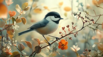 Obraz premium A serene bird perched on a branch surrounded by soft flowers in a tranquil setting.