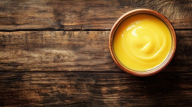 Vibrant malva pudding with custard drizzled over it, beautifully presented on wood