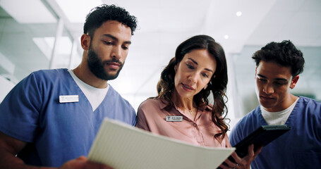 Hospital chief, documents and planning with doctors and woman for consultant, schedule and...