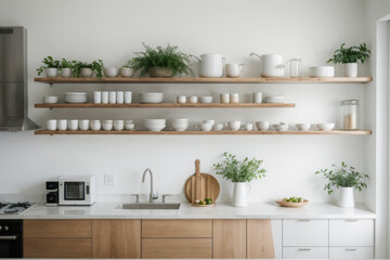 Modern kitchen interior with wooden shelves displaying dishware and greenery in natural light during the day