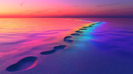 A path of footprints leads towards a colorful horizon with a rainbow of light reflecting in the water.