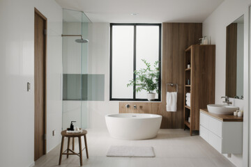 A serene bathroom featuring a freestanding tub surrounded by glowing candles in a modern, minimalist design