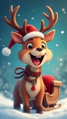 little young happy smiling reindeer in Santa hat and sleigh 3D cartoon vertical wallpaper screensaver poster