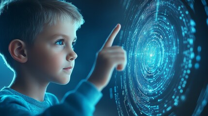 Young boy points at futuristic interface, exploring the digital world and technology innovation of tomorrow.