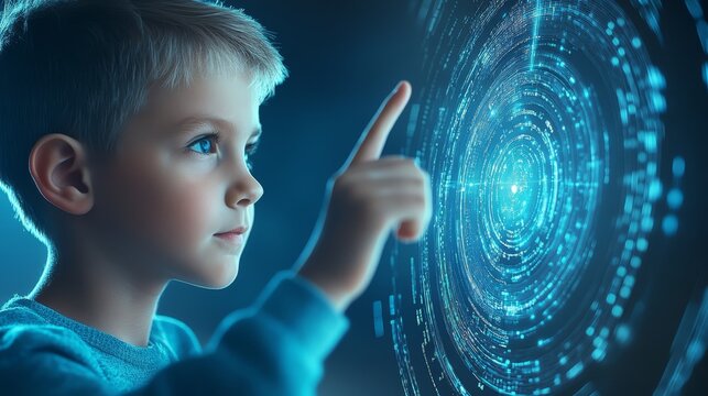 Young boy points at futuristic interface, exploring the digital world and technology innovation of tomorrow.