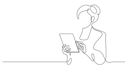 businesswoman using digital tablet portrait posing advertising one line drawing continuous