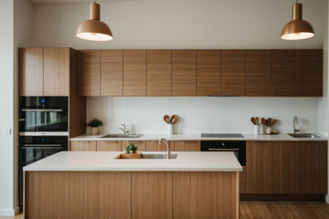 Modern kitchen interior with wooden shelves displaying dishware and greenery in natural light during the day