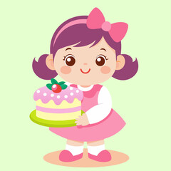 cute cartoon toddler girl with a big smile, dressed in a pink outfit, holding a colorful birthday cake topped with a cherry. The image exudes joy and celebration, perfect for children birthday party 