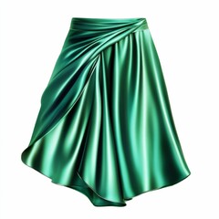 Green satin skirt draped on white background.
