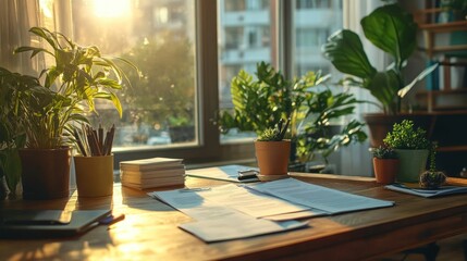 A sunlit workspace featuring plants, papers, and stationery, promoting productivity and calm.