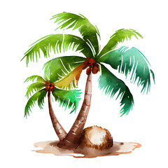 Palm Trees with coconuts watercolor vector art isolated on white background. Tropical green summer palm watercolour painting. Pirate Island, paradise, exotic plant hand drawn illustration, or print