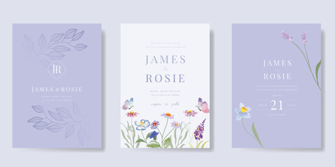 Elegant wedding invitation card background vector. Minimal hand painted purple and blue watercolor botanical flowers texture. Design illustration for wedding, vip cover, poster, rsvp modern card.