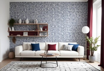Scandinavian living room interior design zoom background,Doodle patterned wallpaper graphics