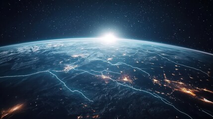 Obraz premium A stunning view of Earth from space, highlighting cities and natural features at sunrise.