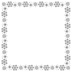 Winter vector square frame of black snowflakes. Hand drawn border, isolated. Background, backdrop, template for theme of Snowfall, Christmas, new year