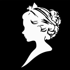 Silhouette of girl profile, woman face side view. Young female character head with curly hair and headband with bow. Vintage portrait, isolated vector bride, princess or lady decal, icon or sticker