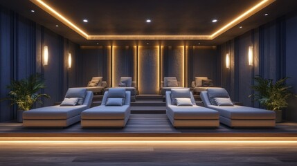 A modern relaxation area with lounge chairs, ambient lighting, and plants for leisure.