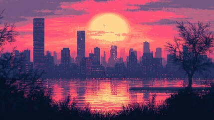 Fototapeta premium A pixelated cityscape silhouette at sunset with a large orange sun reflecting in the water.