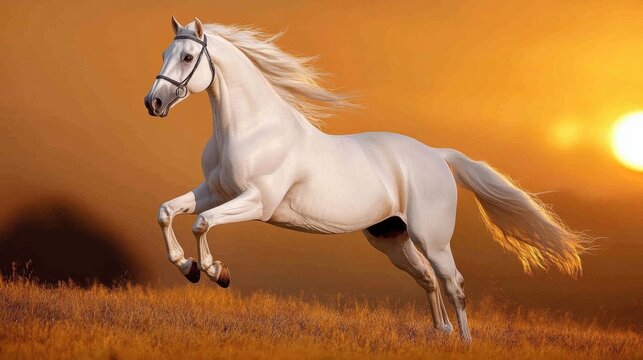 white Friesian horse gallops on the hill in sunset, blurred background 