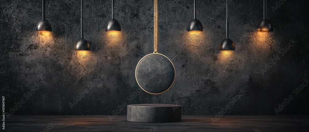 Poster a floating circular object illuminated by stylish hanging lights in a modern setting.