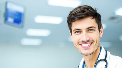 Professional Doctor Smiling in Medical Office Setting, Ideal for Healthcare Advertising, Medical Websites, and Promoting Medical Services
