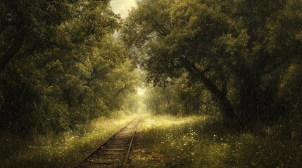Obraz premium A serene railway track surrounded by lush greenery and soft light filtering through trees.