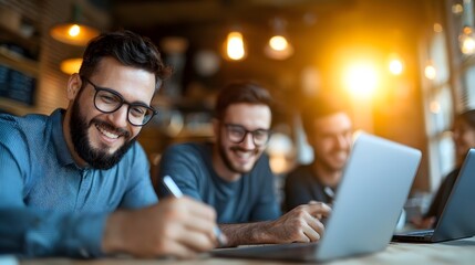 Collaborative team working together in a cozy caf&eacute; setting