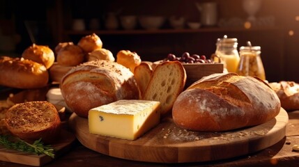Freshly Baked Bread and Cheese on a Wooden Cutting Board