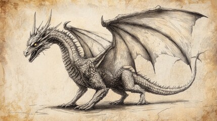 Obraz premium A detailed pencil drawing of a mythical dragon with large wings, sharp claws, and a long tail, against a light brown background.