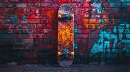 A vibrant skateboard against a graffiti-covered wall, showcasing urban culture and leisure.