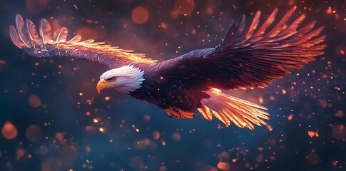A powerful bald eagle with wings ablaze soars through a glowing sky.