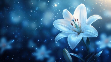 A close-up of a luminous white lily against a dreamy blue background with soft light effects.