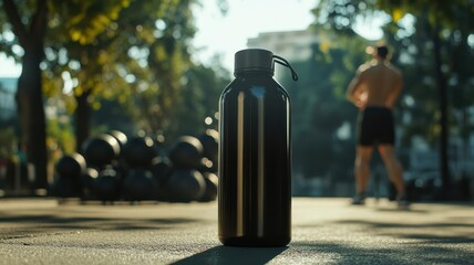 A sleek water bottle in focus with a background of fitness equipment and an active person.