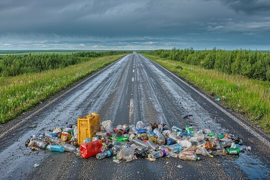 A road littered with plastic waste, highlighting environmental pollution.