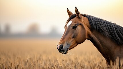 Obraz premium A brown horse stands gracefully in a golden field, exuding calmness and beauty against a soft, natural background.