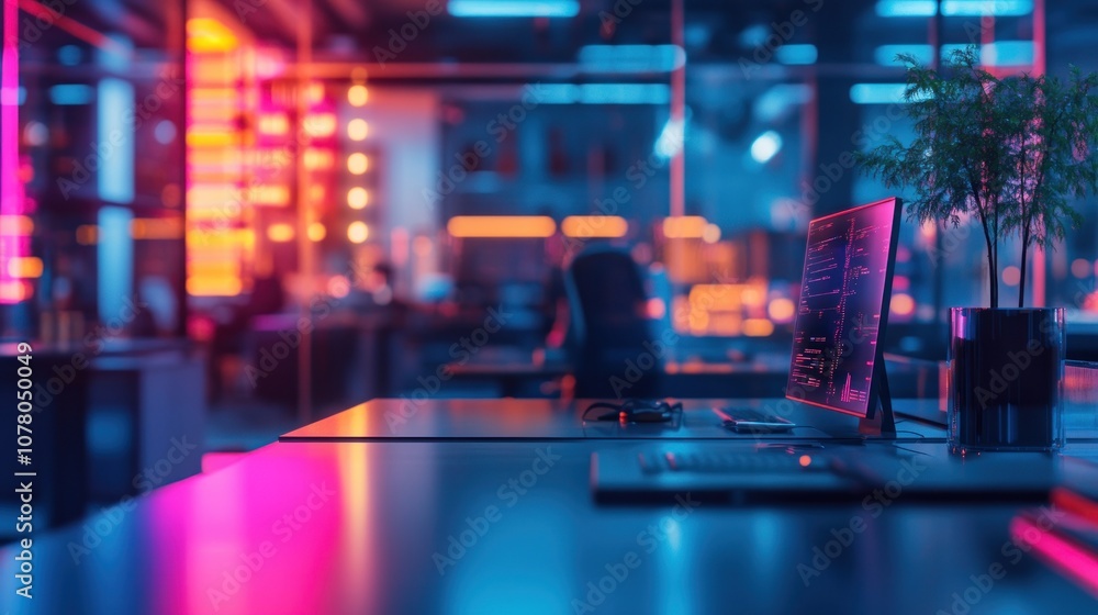Poster a modern office space illuminated with vibrant neon lights and a computer setup.