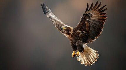 Obraz premium A majestic eagle soars gracefully through the air, showcasing its powerful wings and keen hunting instinct in a stunning display of nature's beauty.