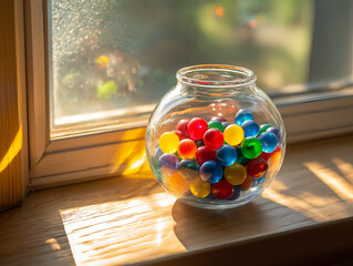 jar filled with colorful marbles in soft window light