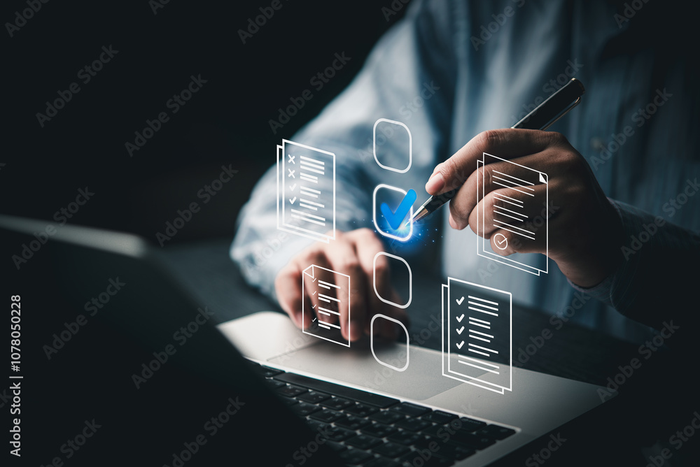 Poster a hand marks a checkbox on a virtual checklist digital document approve business.quality assurance d