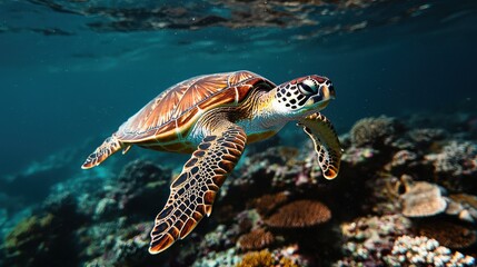 Obraz premium A vibrant sea turtle swims gracefully through clear waters, showcasing its intricate patterns against a colorful coral backdrop.