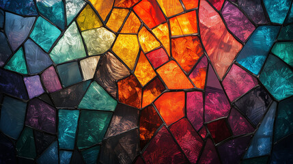 Vibrant stained glass design creating a colorful mosaic in intricate patterns illuminated by warm light.